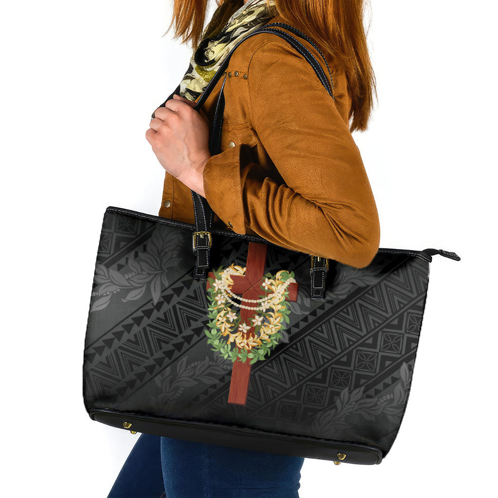 Hawaii ⁠Ka Pule a ka Haku Memorial Leather Tote Bag Flower Lei Cross - Black