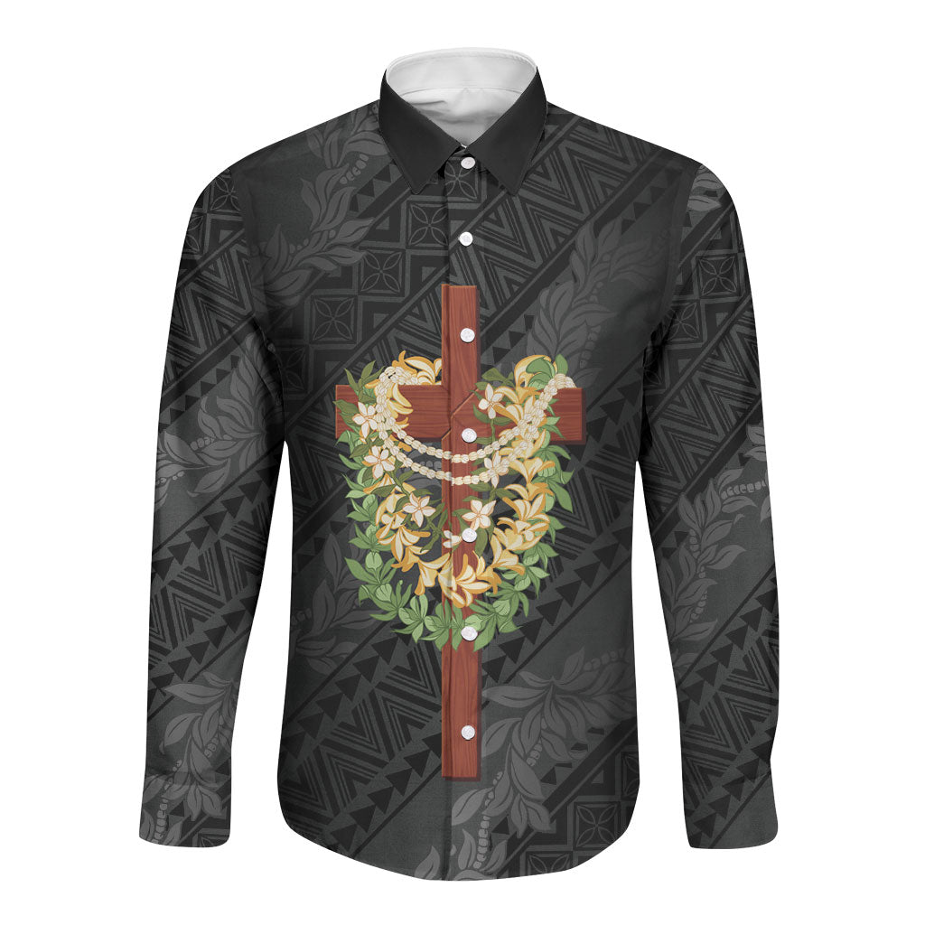 Hawaii ⁠Ka Pule a ka Haku Memorial Long Sleeve Button Shirt Flower Lei Cross - Black