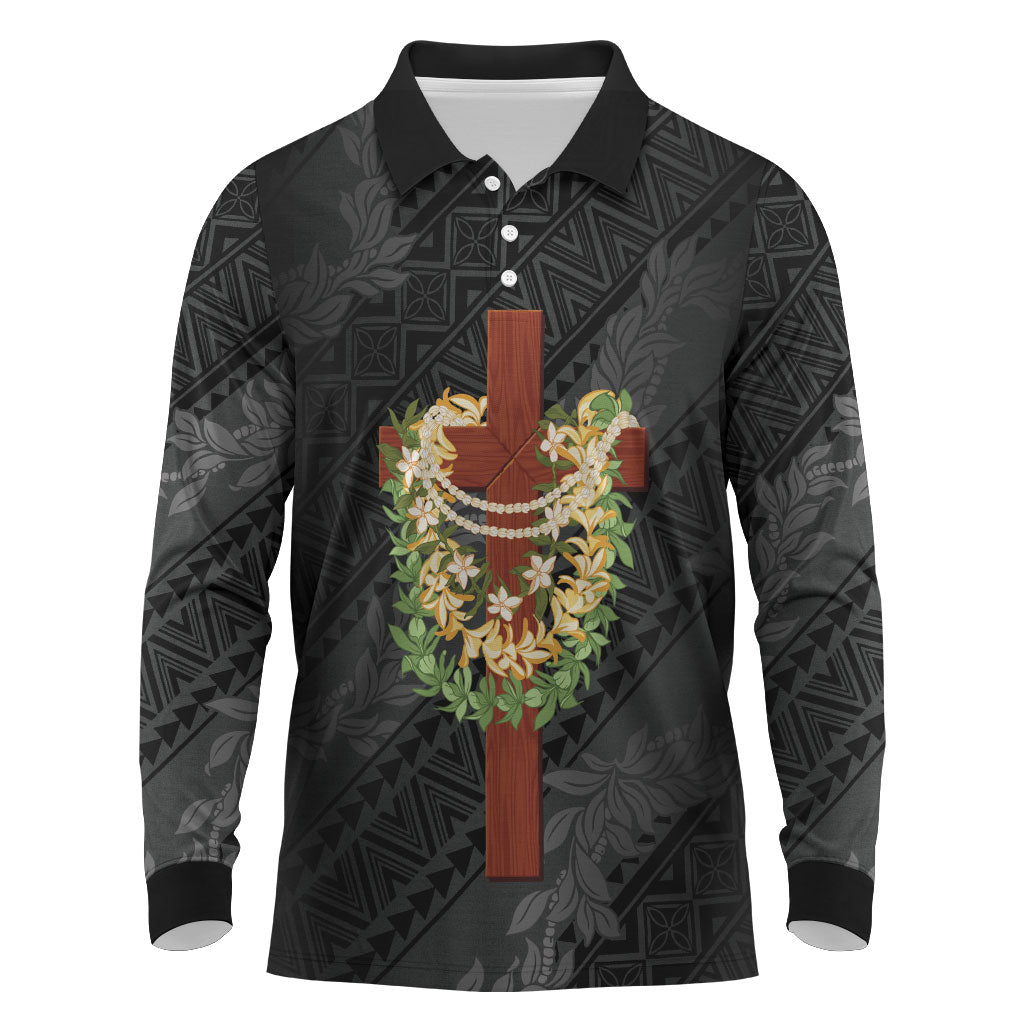 Hawaii ⁠Ka Pule a ka Haku Memorial Long Sleeve Polo Shirt Flower Lei Cross - Black