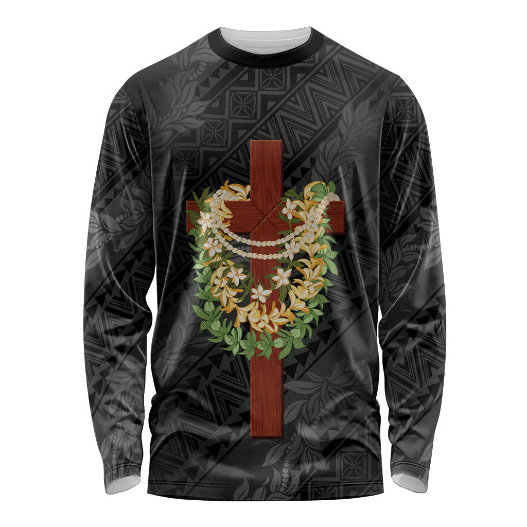 Hawaii ⁠Ka Pule a ka Haku Memorial Long Sleeve Shirt Flower Lei Cross - Black
