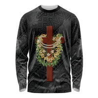 Hawaii ⁠Ka Pule a ka Haku Memorial Long Sleeve Shirt Flower Lei Cross - Black