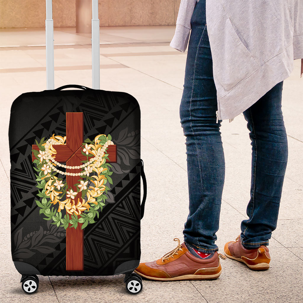 Hawaii ⁠Ka Pule a ka Haku Memorial Luggage Cover Flower Lei Cross - Black