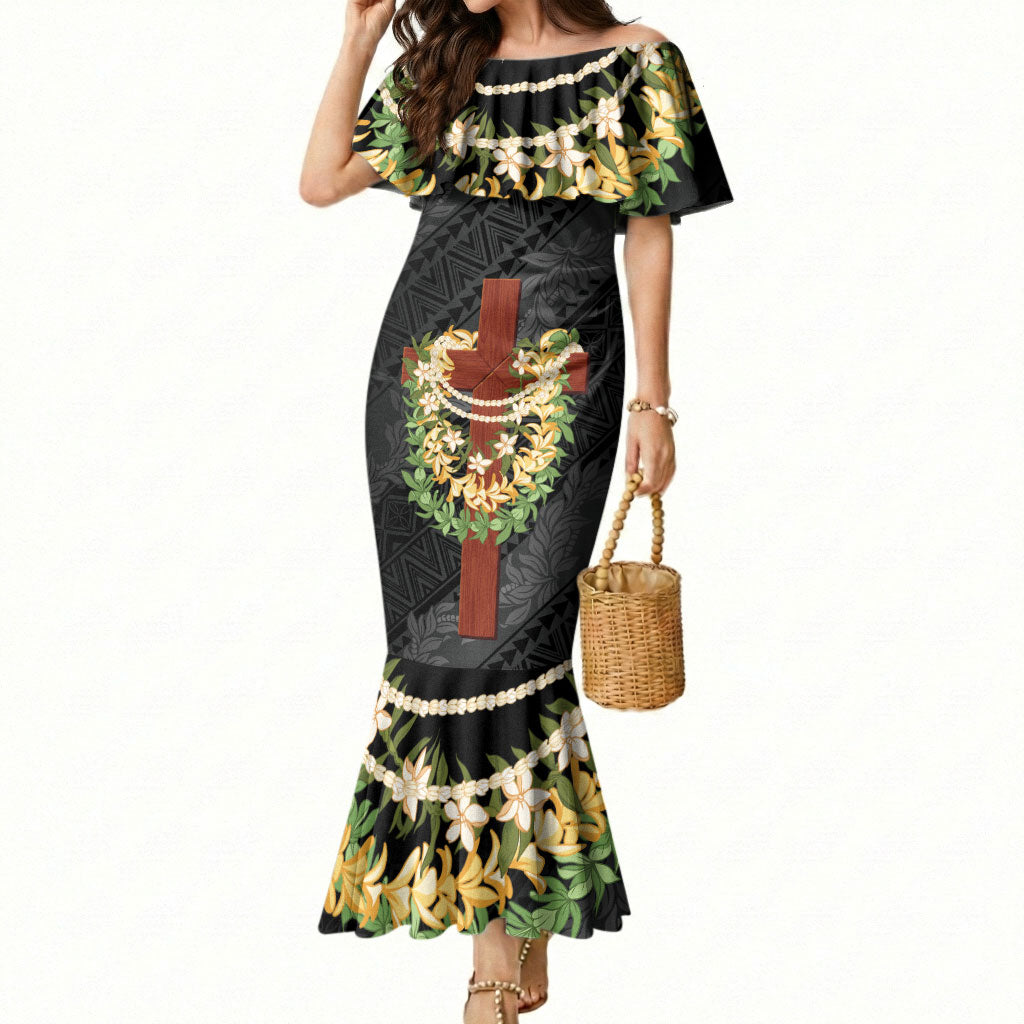 Hawaii ⁠Ka Pule a ka Haku Memorial Mermaid Dress Flower Lei Cross - Black