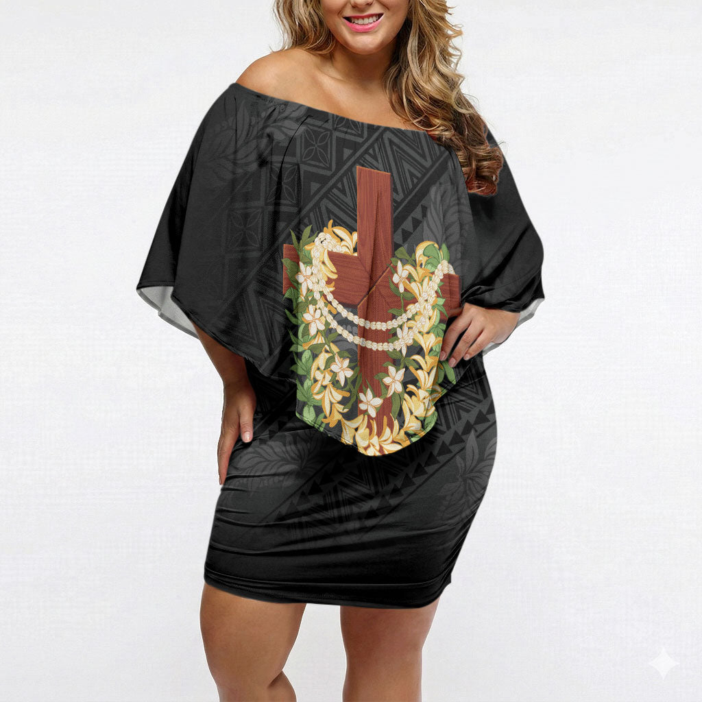 Hawaii ⁠Ka Pule a ka Haku Memorial Off Shoulder Short Dress Flower Lei Cross - Black