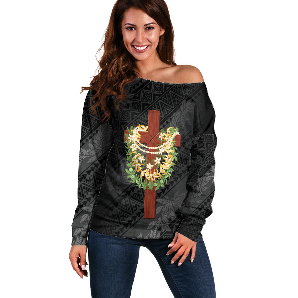 Hawaii ⁠Ka Pule a ka Haku Memorial Off Shoulder Sweater Flower Lei Cross - Black