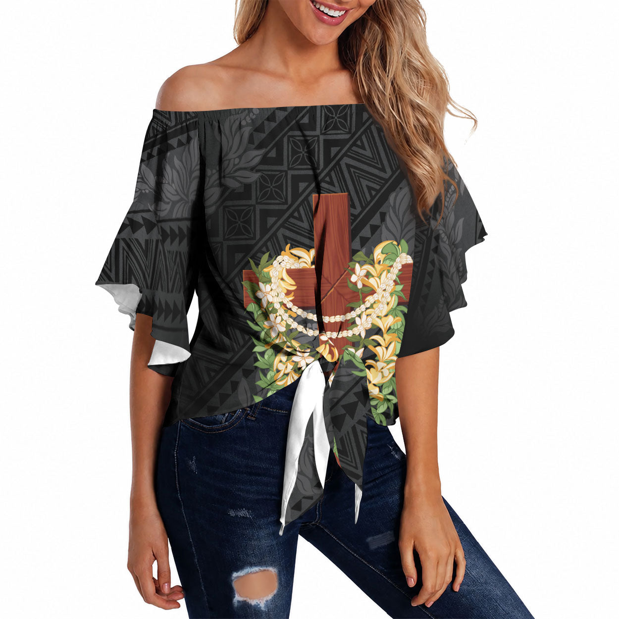 Hawaii ⁠Ka Pule a ka Haku Memorial Off Shoulder Wrap Waist Top Flower Lei Cross - Black