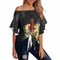 Hawaii ⁠Ka Pule a ka Haku Memorial Off Shoulder Wrap Waist Top Flower Lei Cross - Black