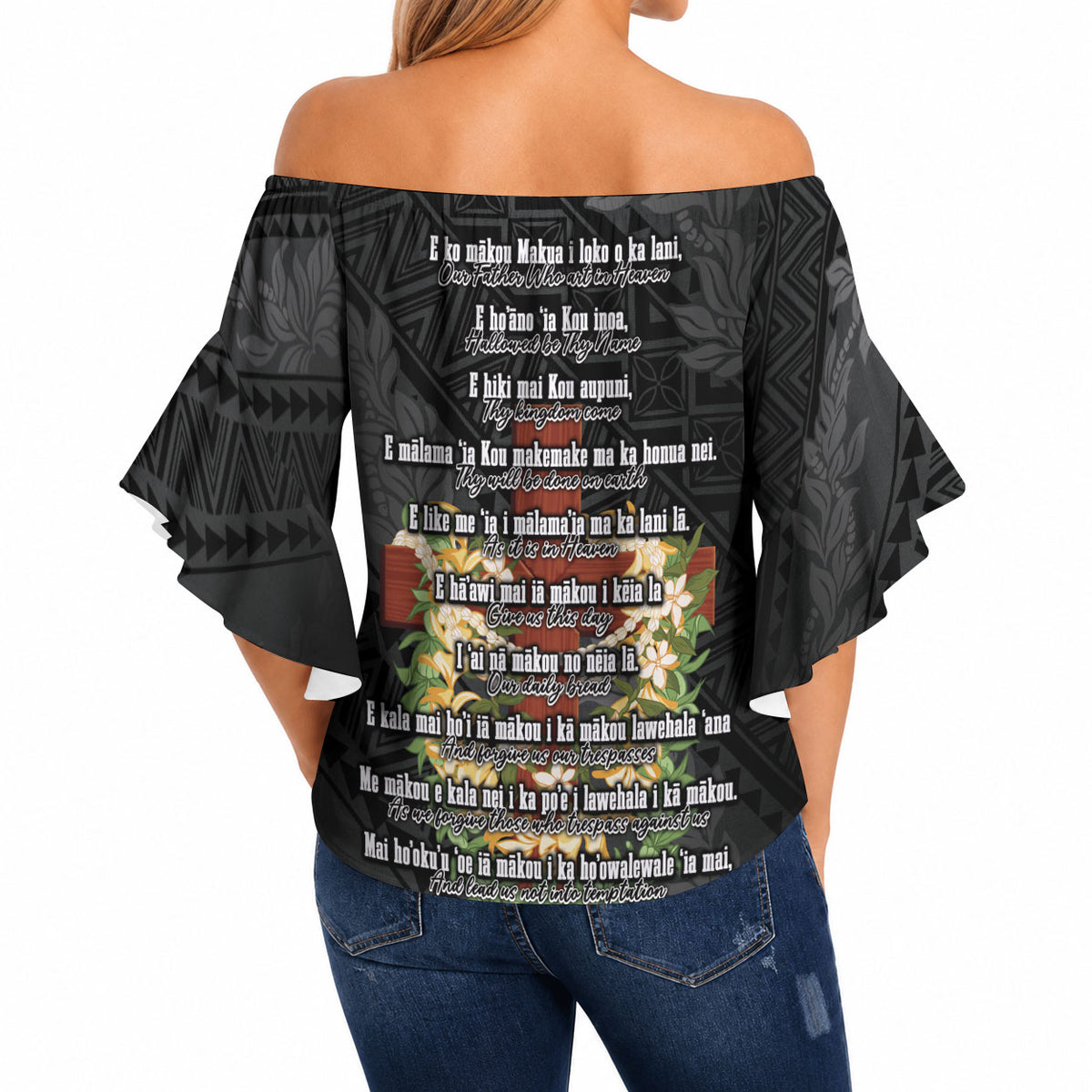 Hawaii ⁠Ka Pule a ka Haku Memorial Off Shoulder Wrap Waist Top Flower Lei Cross - Black