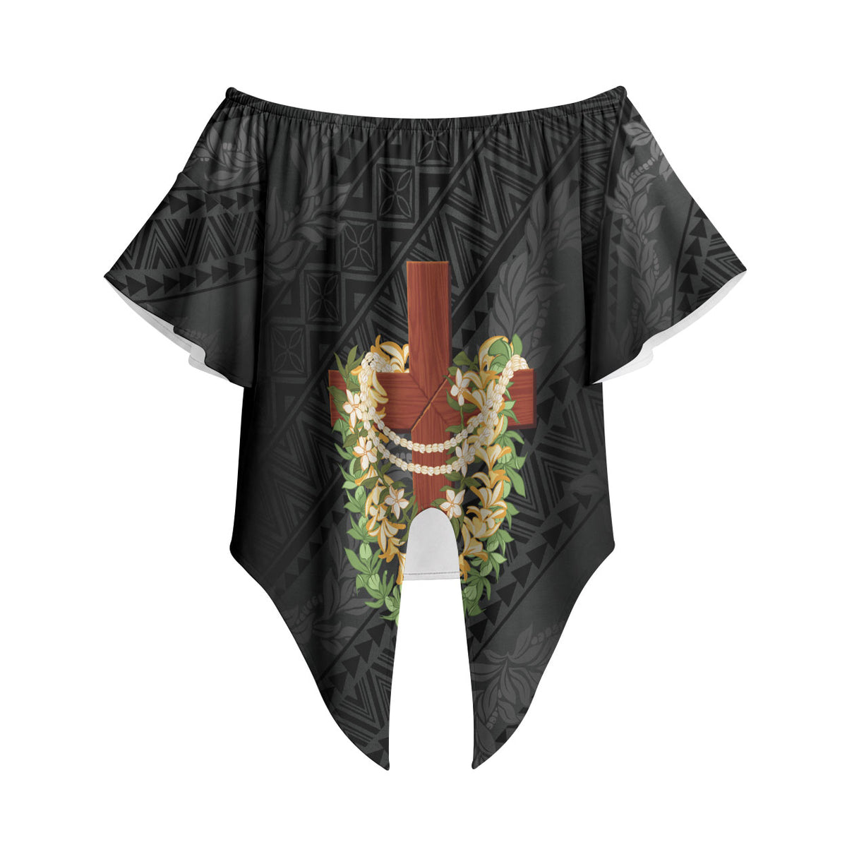 Hawaii ⁠Ka Pule a ka Haku Memorial Off Shoulder Wrap Waist Top Flower Lei Cross - Black