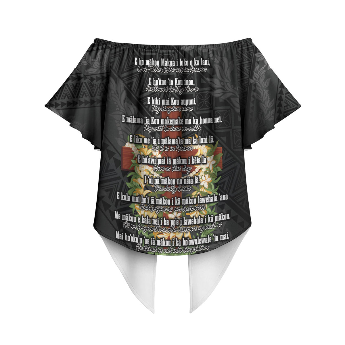 Hawaii ⁠Ka Pule a ka Haku Memorial Off Shoulder Wrap Waist Top Flower Lei Cross - Black