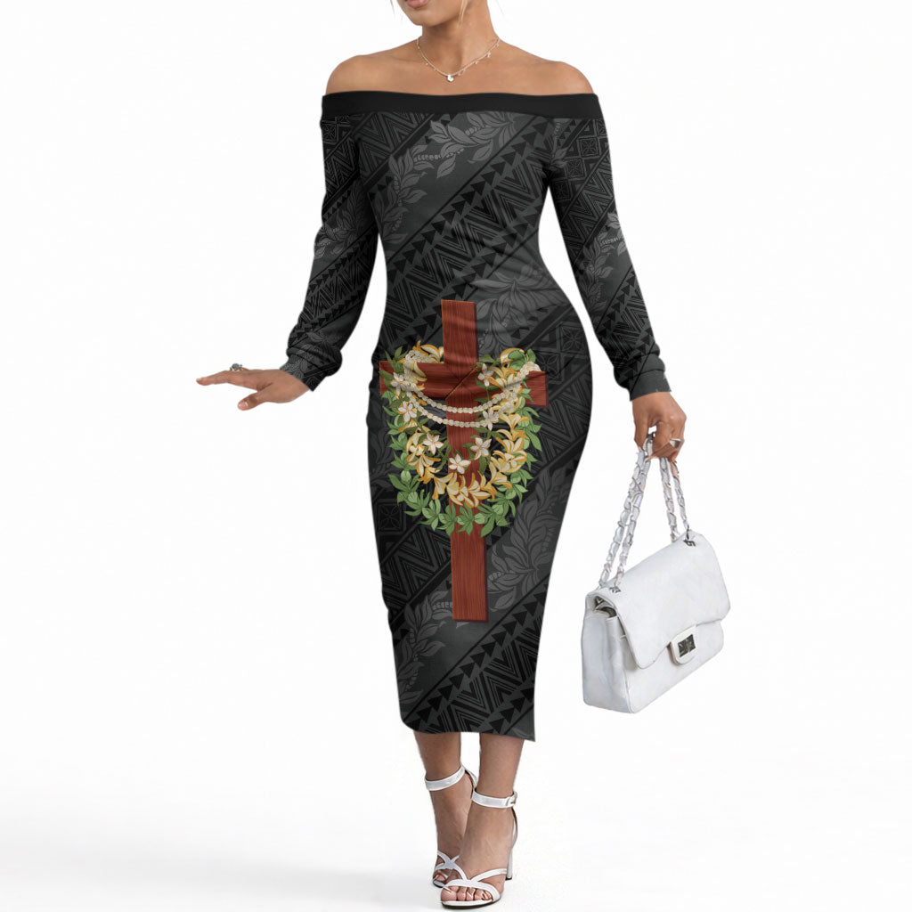 Hawaii ⁠Ka Pule a ka Haku Memorial Off The Shoulder Long Sleeve Dress Flower Lei Cross - Black