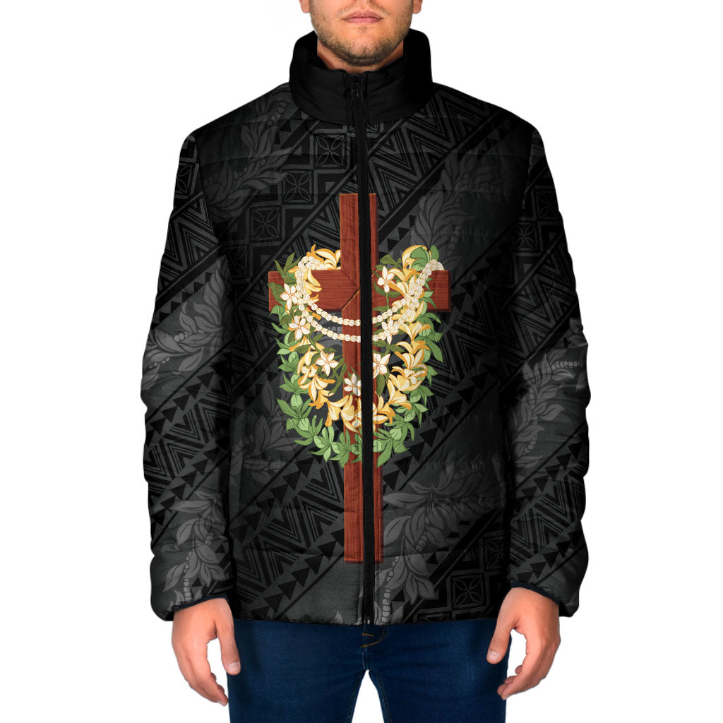 Hawaii ⁠Ka Pule a ka Haku Memorial Padded Jacket Flower Lei Cross - Black
