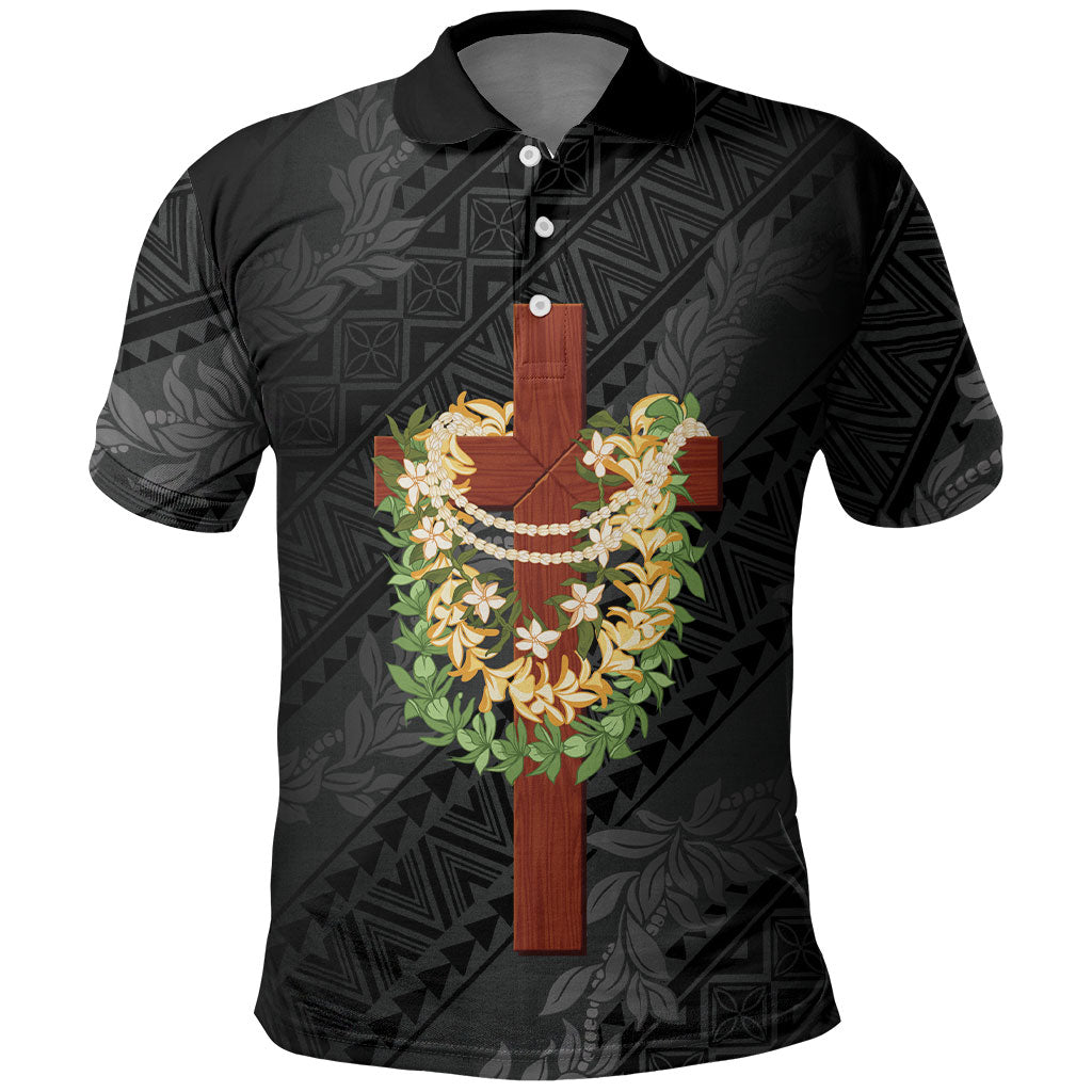 Hawaii ⁠Ka Pule a ka Haku Memorial Polo Shirt Flower Lei Cross - Black