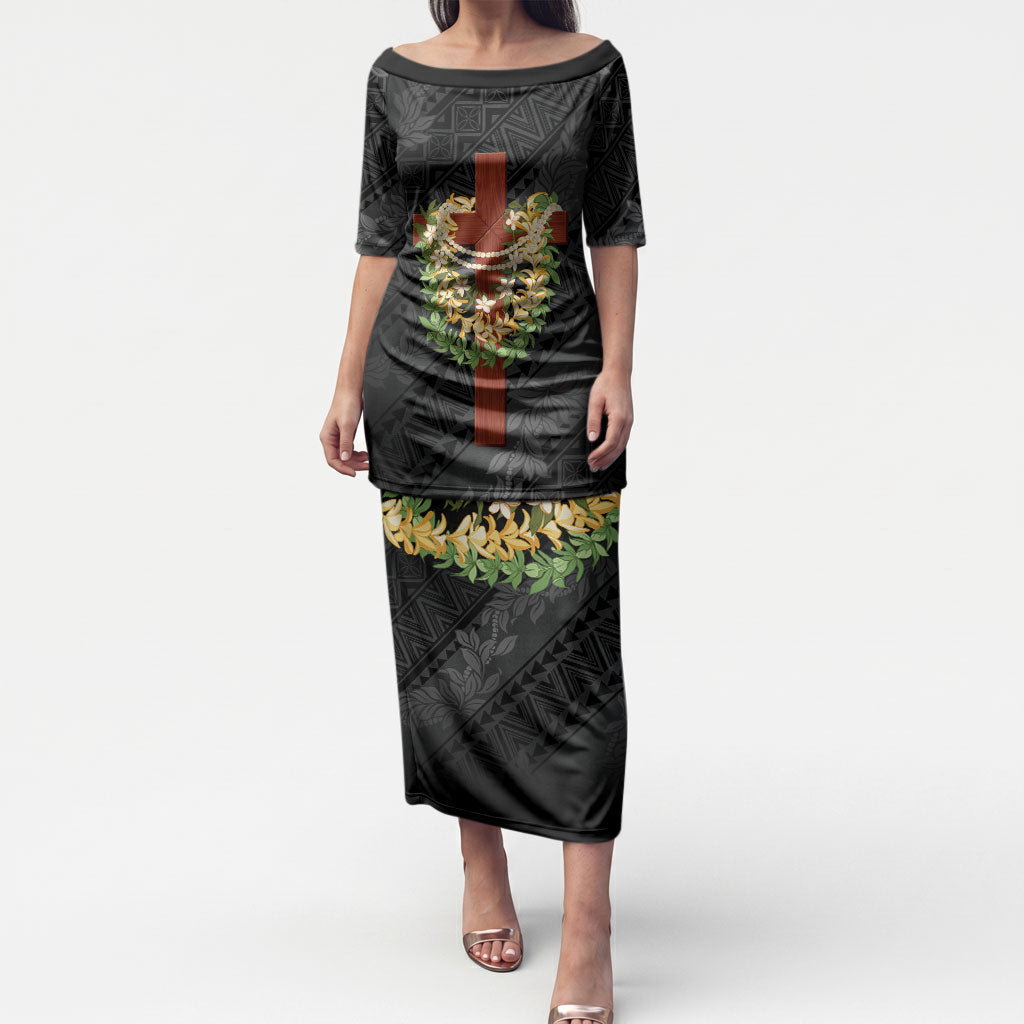 Hawaii ⁠Ka Pule a ka Haku Memorial Puletasi Flower Lei Cross - Black