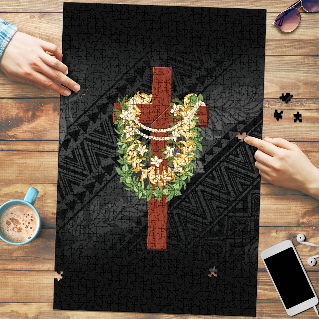 Hawaii ⁠Ka Pule a ka Haku Memorial Puzzle Flower Lei Cross - Black