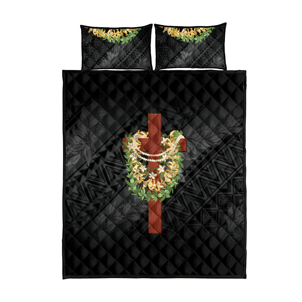 Hawaii ⁠Ka Pule a ka Haku Memorial Quilt Bed Set Flower Lei Cross - Black