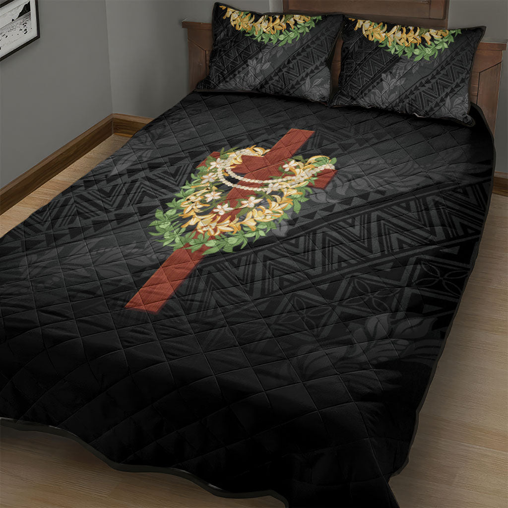 Hawaii ⁠Ka Pule a ka Haku Memorial Quilt Bed Set Flower Lei Cross - Black