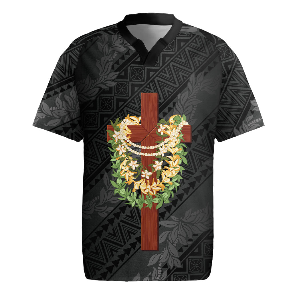 Hawaii ⁠Ka Pule a ka Haku Memorial Rugby Jersey Flower Lei Cross - Black
