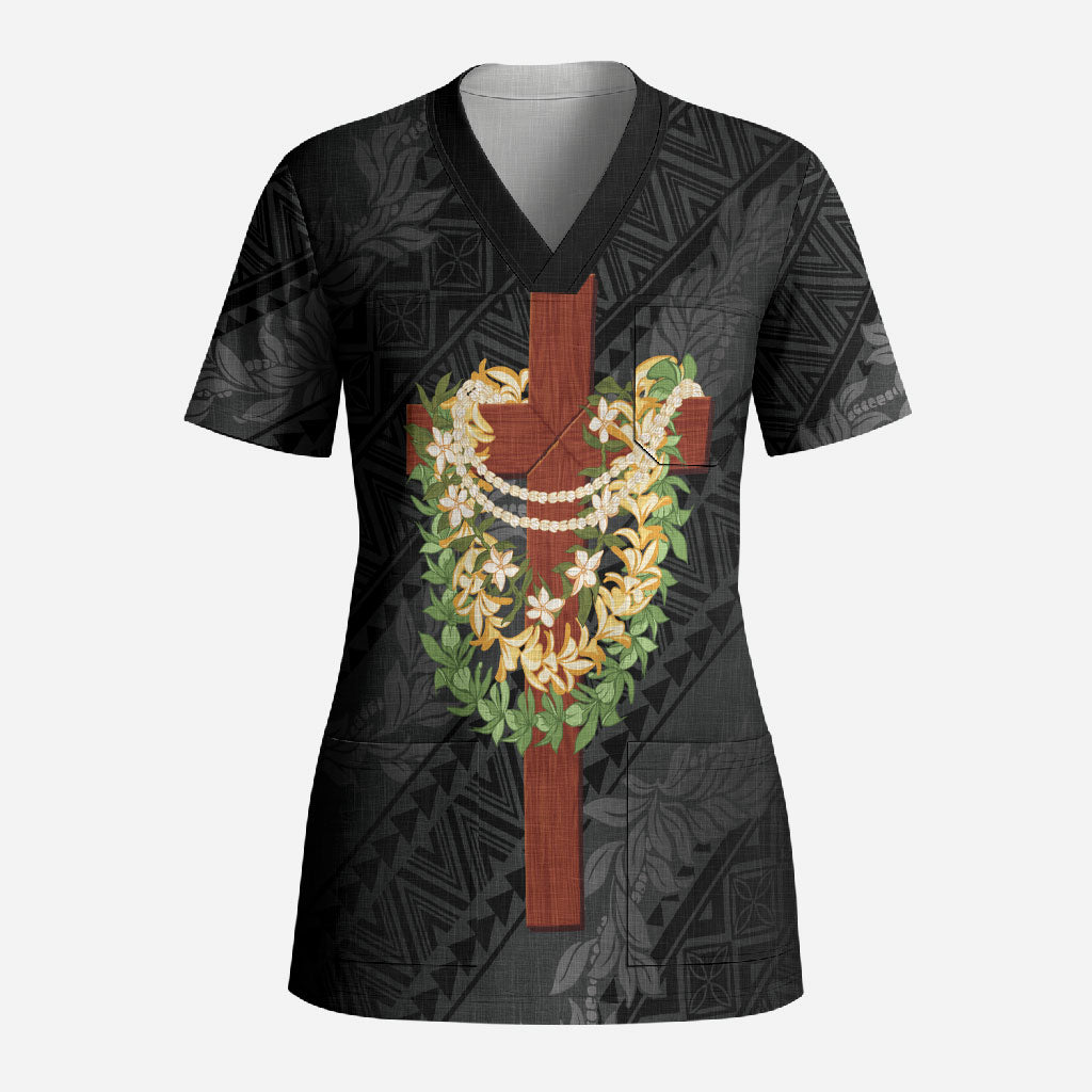 Hawaii ⁠Ka Pule a ka Haku Memorial Scrub Top Flower Lei Cross - Black