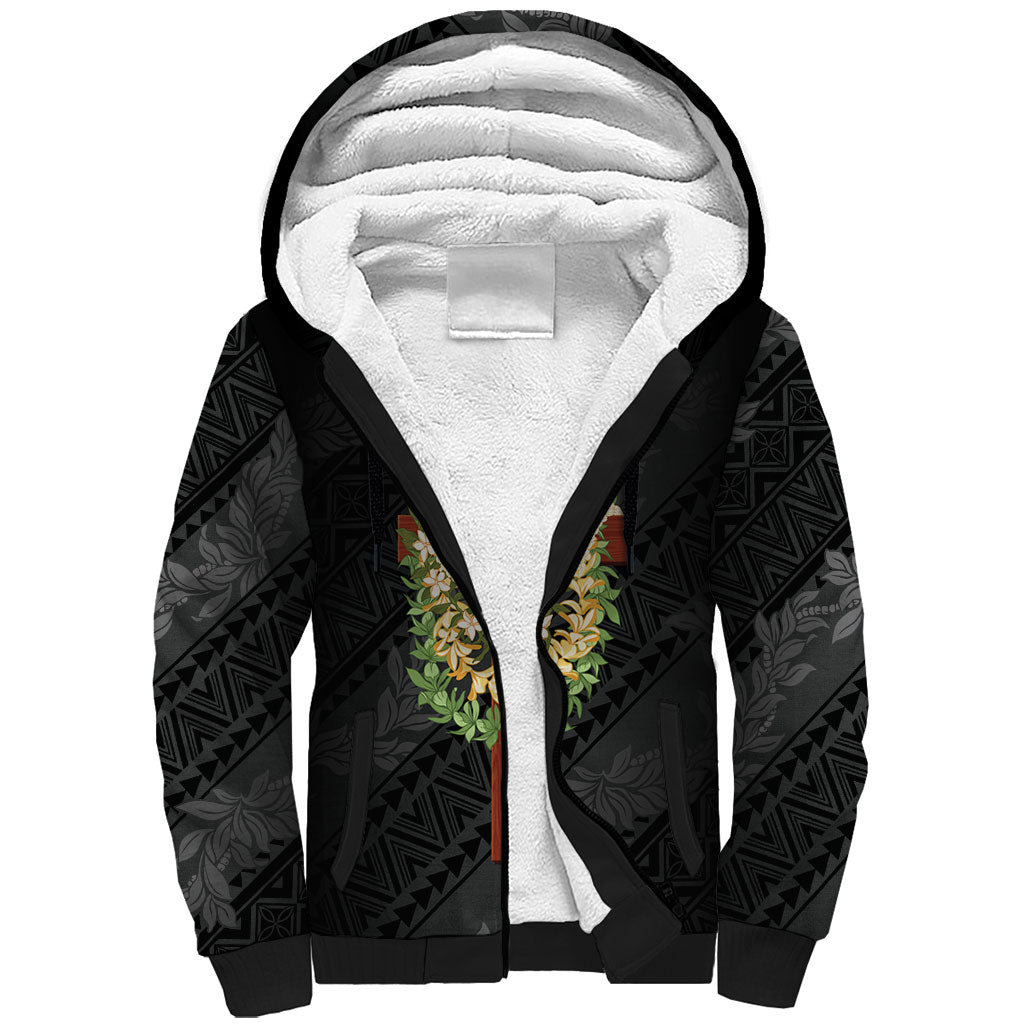 Hawaii ⁠Ka Pule a ka Haku Memorial Sherpa Hoodie Flower Lei Cross - Black