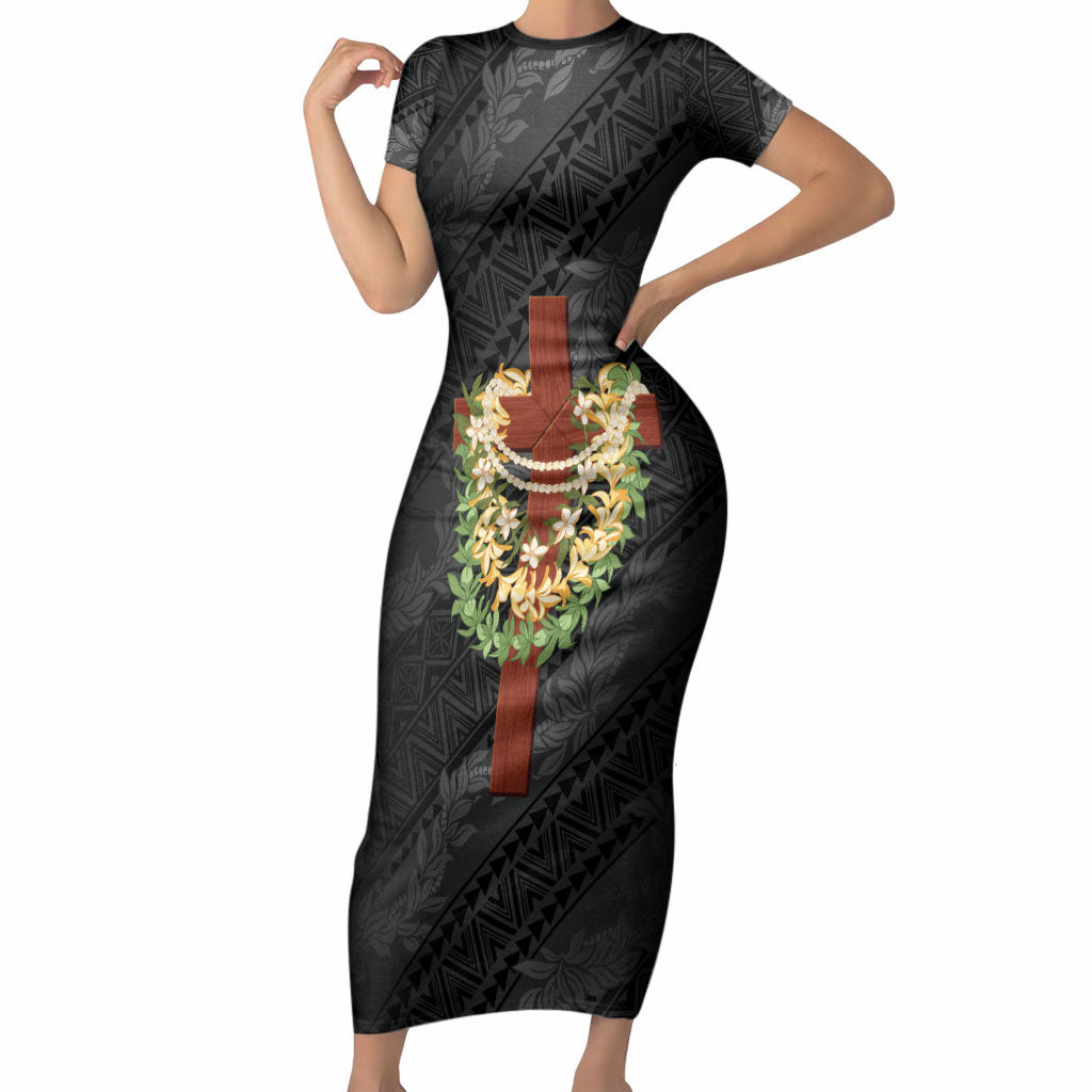 Hawaii ⁠Ka Pule a ka Haku Memorial Short Sleeve Bodycon Dress Flower Lei Cross - Black