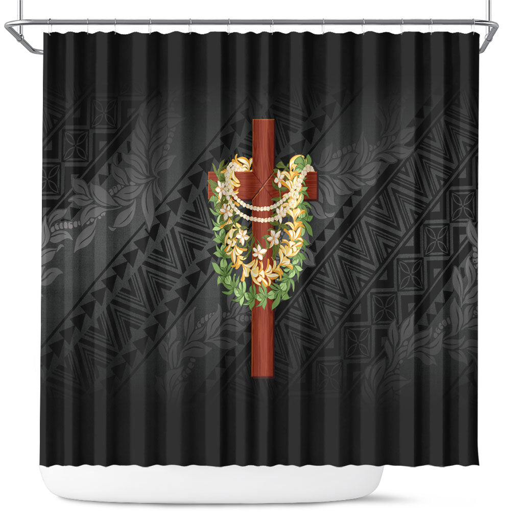 Hawaii ⁠Ka Pule a ka Haku Memorial Shower Curtain Flower Lei Cross - Black