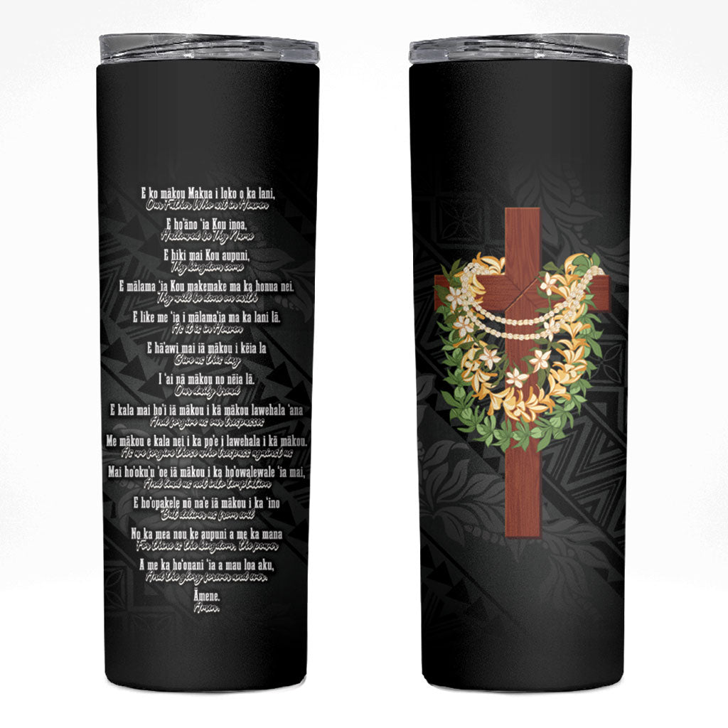 Hawaii ⁠Ka Pule a ka Haku Memorial Skinny Tumbler Flower Lei Cross - Black