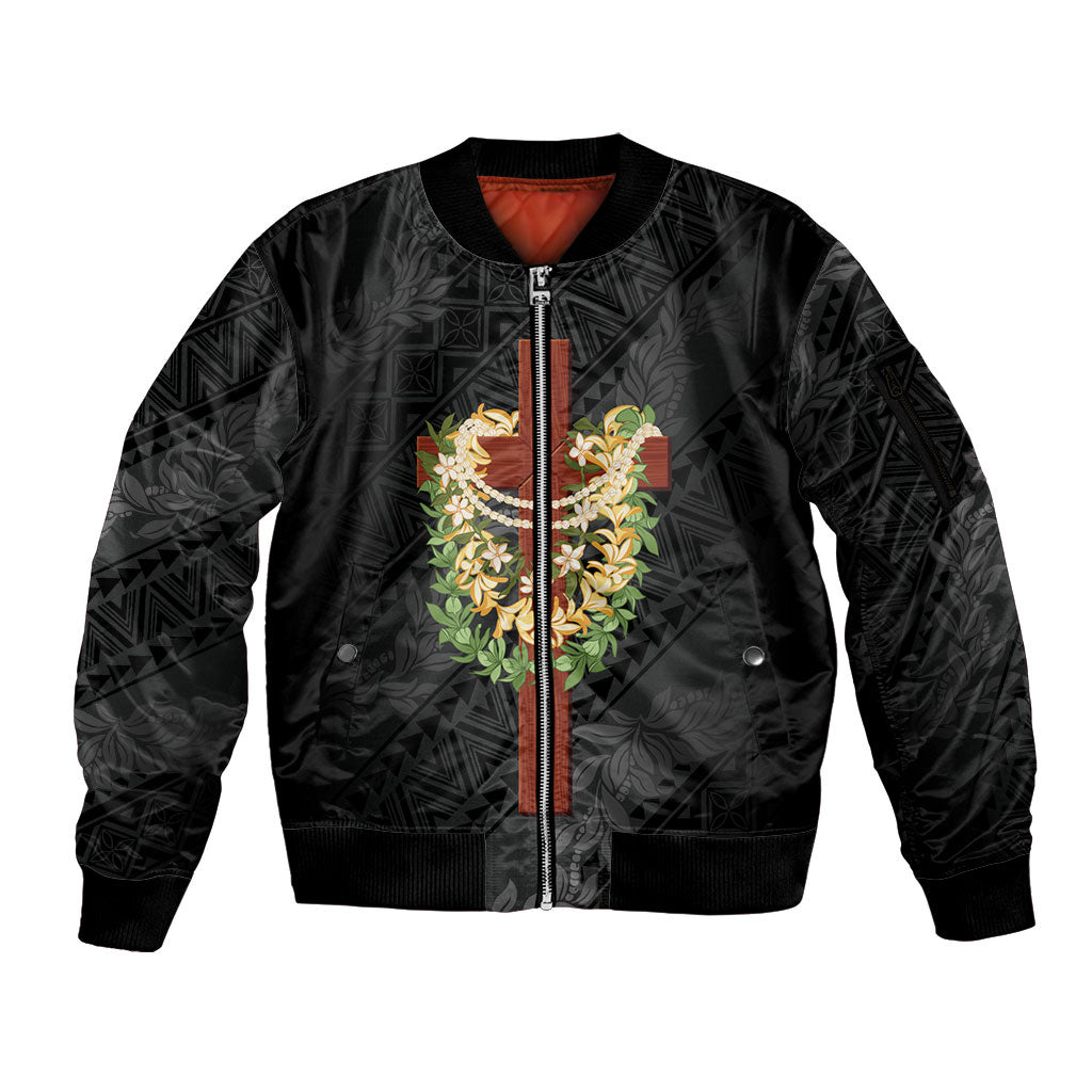Hawaii ⁠Ka Pule a ka Haku Memorial Sleeve Zip Bomber Jacket Flower Lei Cross - Black
