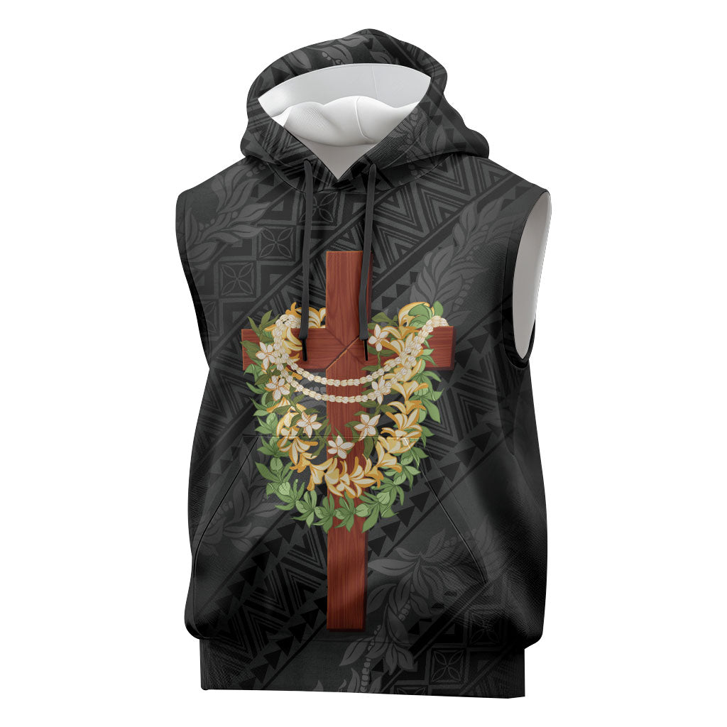 Hawaii ⁠Ka Pule a ka Haku Memorial Sleeveless Hoodie Flower Lei Cross - Black
