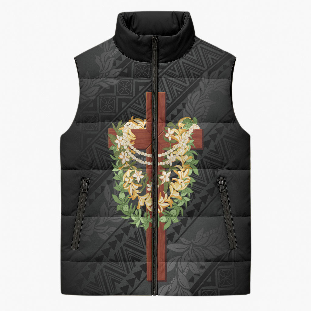 Hawaii ⁠Ka Pule a ka Haku Memorial Sleeveless Puffer Jacket Flower Lei Cross - Black