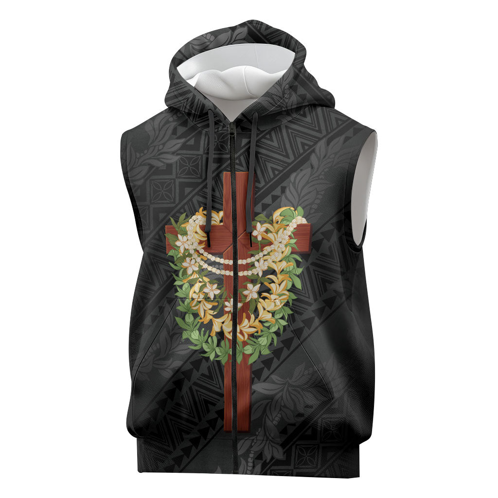 Hawaii ⁠Ka Pule a ka Haku Memorial Sleeveless Zip Hoodie Flower Lei Cross - Black