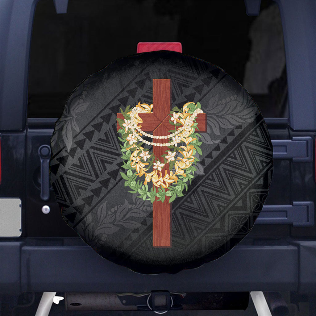 Hawaii ⁠Ka Pule a ka Haku Memorial Spare Tire Cover Flower Lei Cross - Black