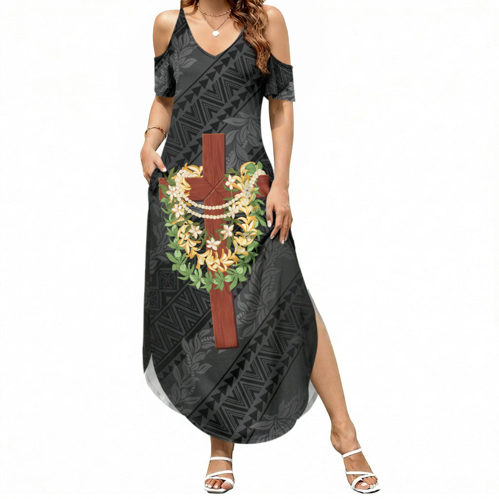 Hawaii ⁠Ka Pule a ka Haku Memorial Summer Maxi Dress Flower Lei Cross - Black