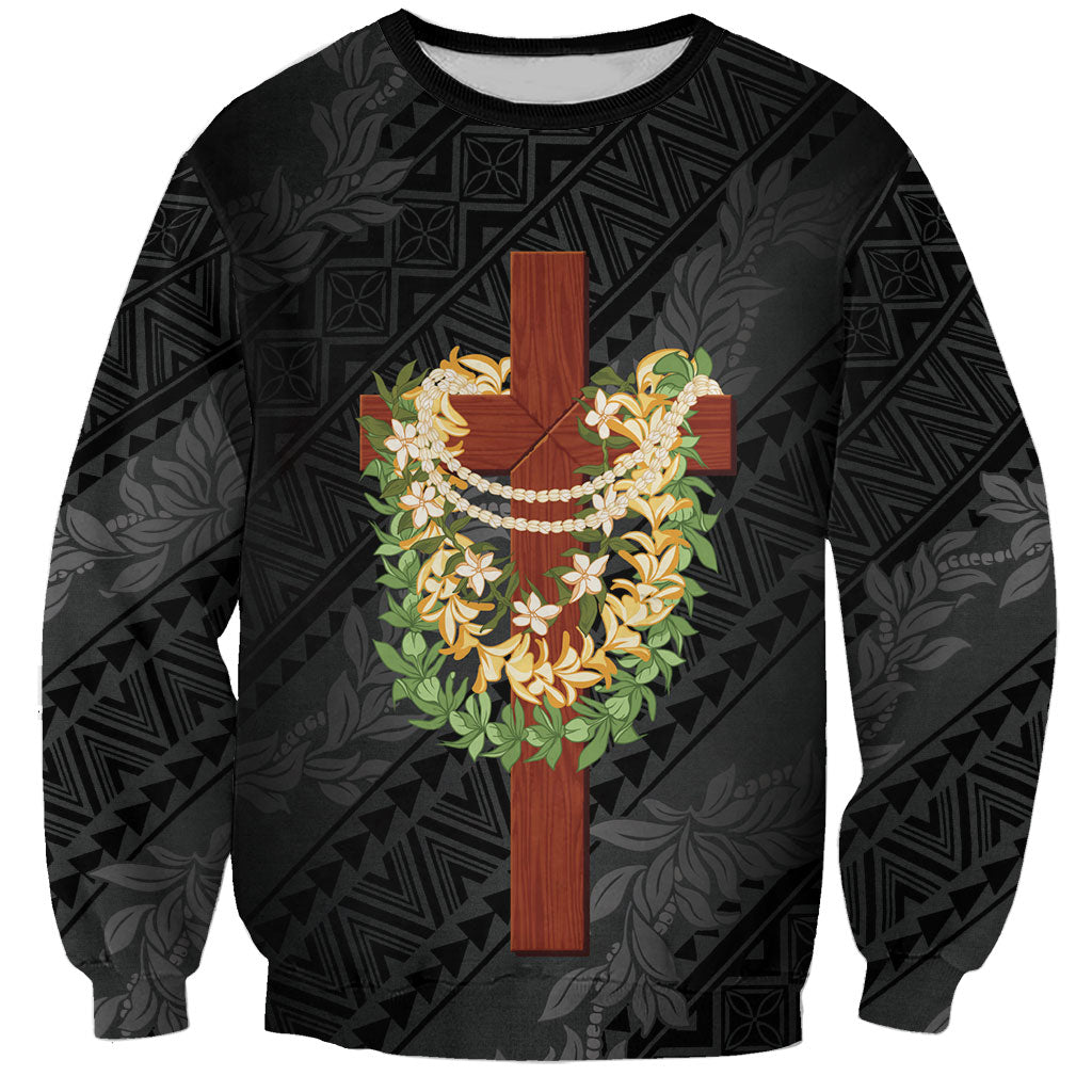 Hawaii ⁠Ka Pule a ka Haku Memorial Sweatshirt Flower Lei Cross - Black