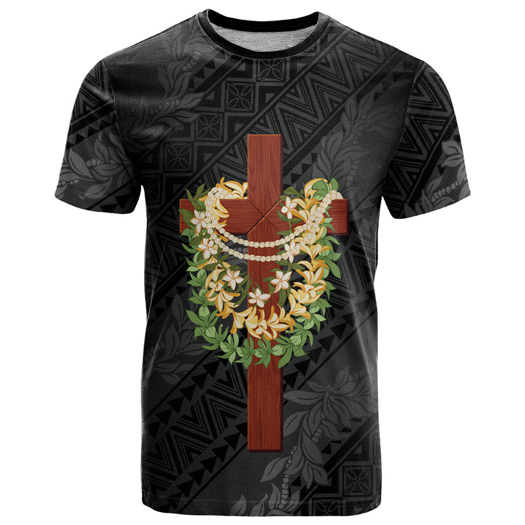 Hawaii ⁠Ka Pule a ka Haku Memorial T Shirt Flower Lei Cross - Black