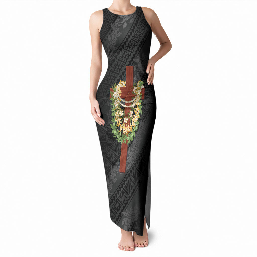 Hawaii ⁠Ka Pule a ka Haku Memorial Tank Maxi Dress Flower Lei Cross - Black