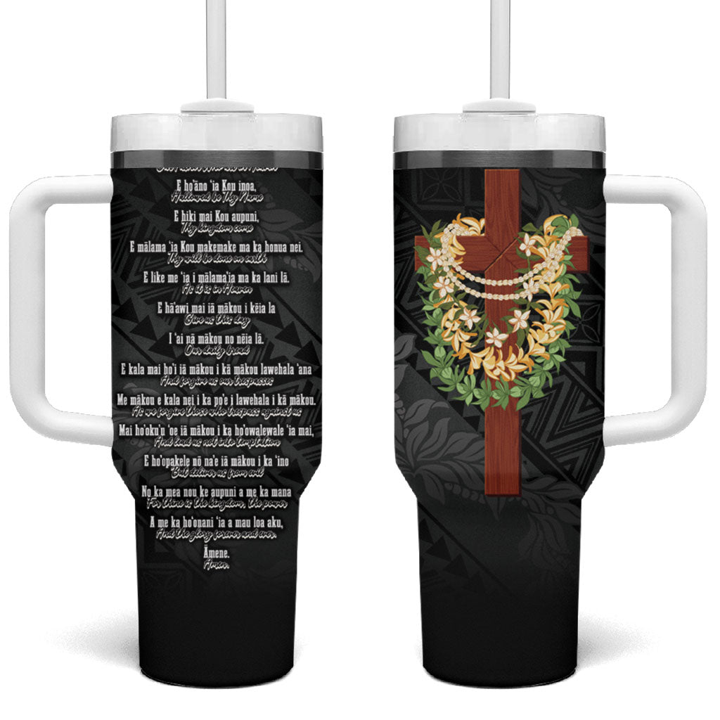 Hawaii ⁠Ka Pule a ka Haku Memorial Tumbler With Handle Flower Lei Cross - Black