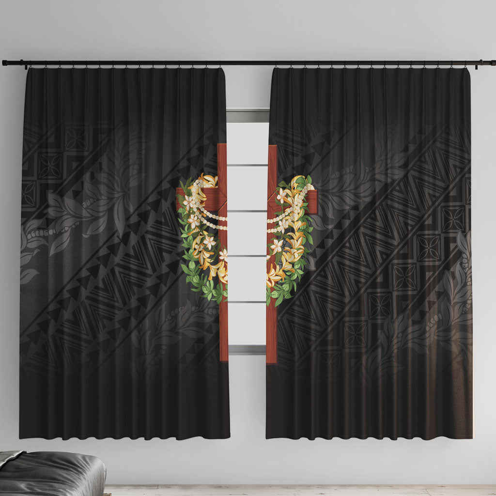 Hawaii ⁠Ka Pule a ka Haku Memorial Window Curtain Flower Lei Cross - Black