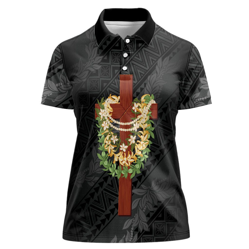 Hawaii ⁠Ka Pule a ka Haku Memorial Women Polo Shirt Flower Lei Cross - Black