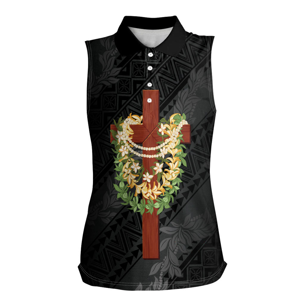 Hawaii ⁠Ka Pule a ka Haku Memorial Women Sleeveless Polo Shirt Flower Lei Cross - Black