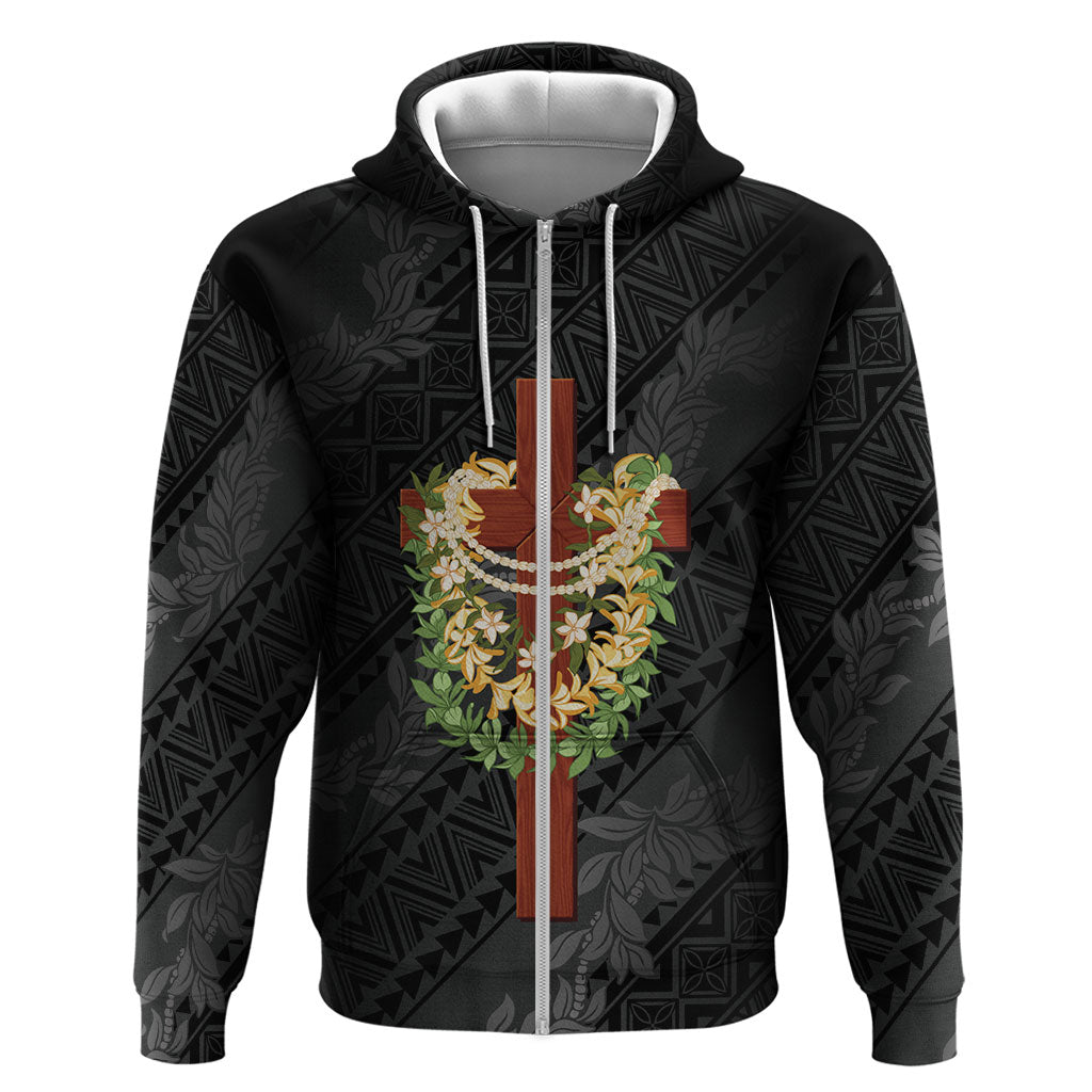 Hawaii ⁠Ka Pule a ka Haku Memorial Zip Hoodie Flower Lei Cross - Black