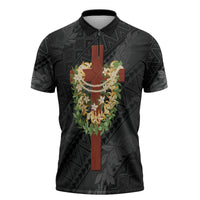 Hawaii ⁠Ka Pule a ka Haku Memorial Zipper Polo Shirt Flower Lei Cross - Black