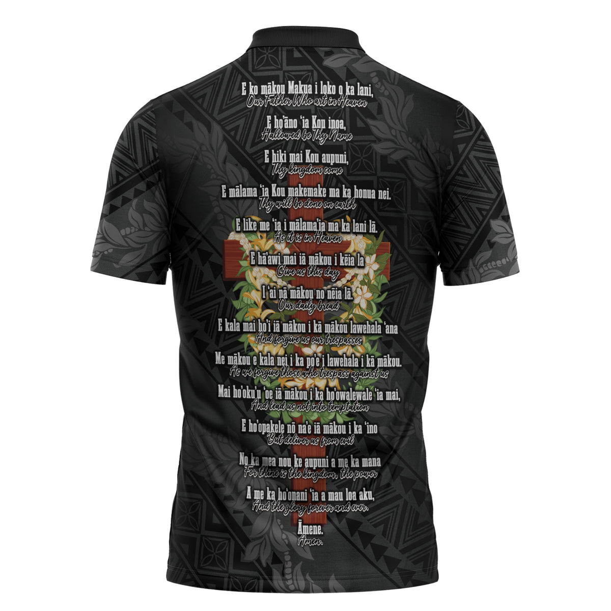 Hawaii ⁠Ka Pule a ka Haku Memorial Zipper Polo Shirt Flower Lei Cross - Black