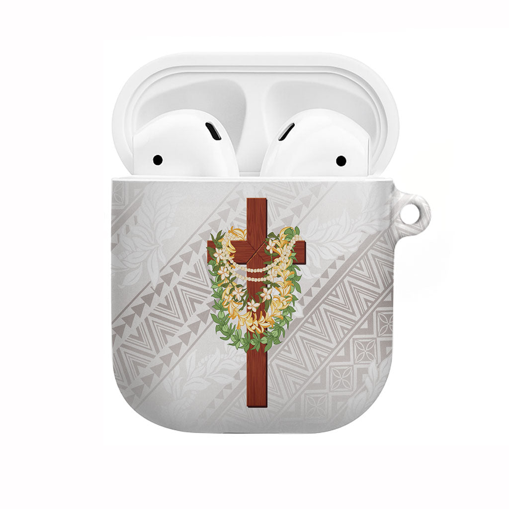 Hawaii ⁠Ka Pule a ka Haku Memorial AirPods Case Flower Lei Cross - Ivory White