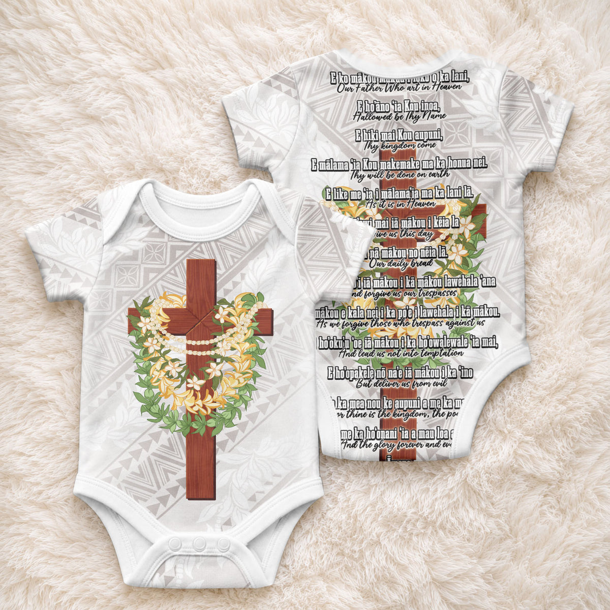 Hawaii ⁠Ka Pule a ka Haku Memorial Baby Onesie Flower Lei Cross - Ivory White