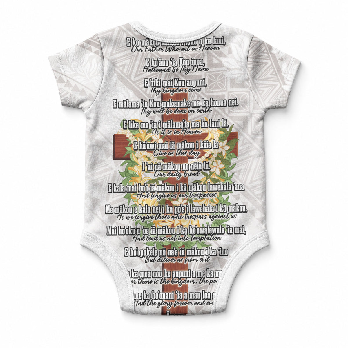 Hawaii ⁠Ka Pule a ka Haku Memorial Baby Onesie Flower Lei Cross - Ivory White