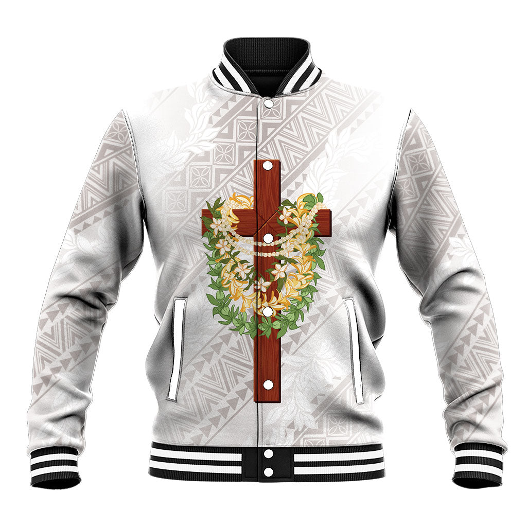 Hawaii ⁠Ka Pule a ka Haku Memorial Baseball Jacket Flower Lei Cross - Ivory White