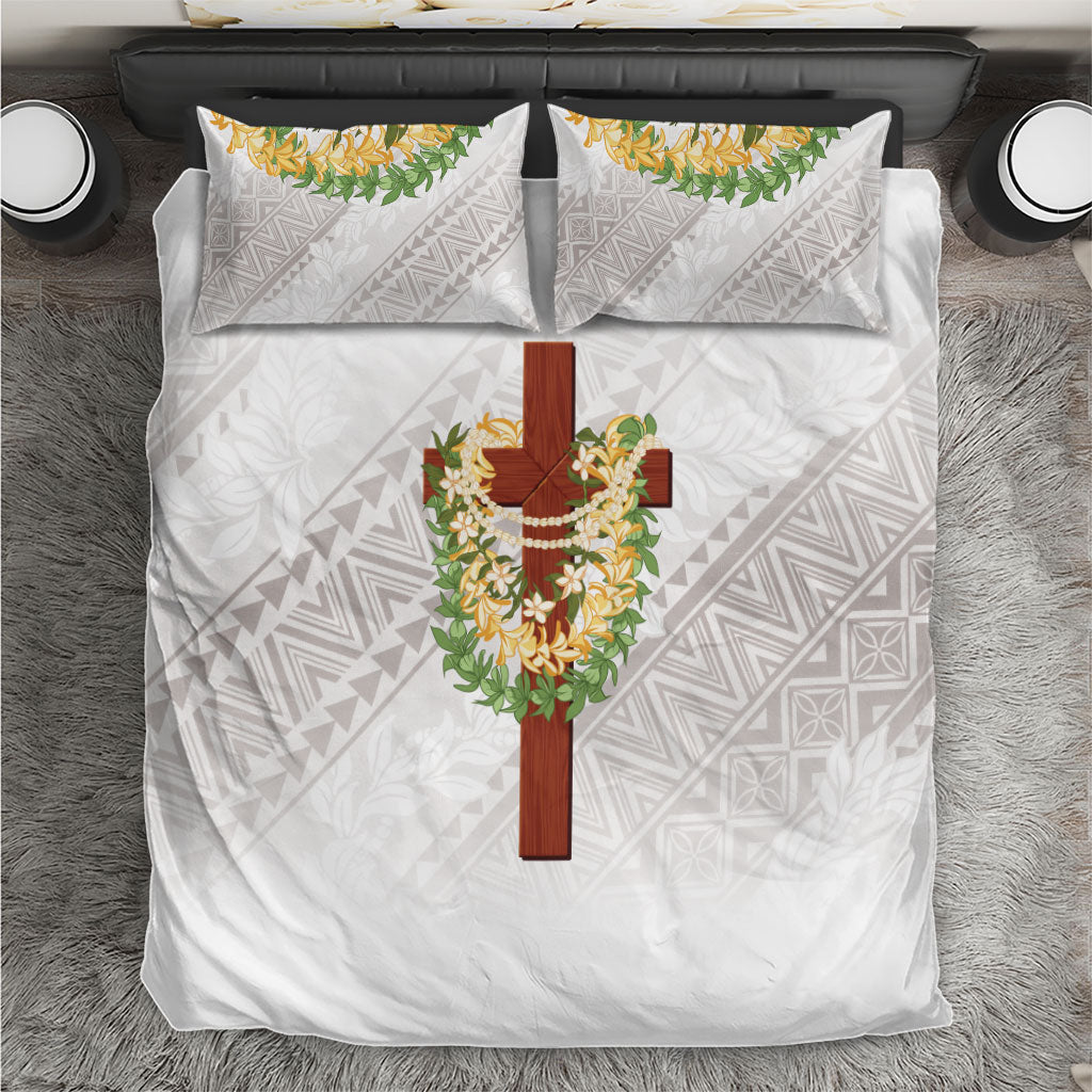 Hawaii ⁠Ka Pule a ka Haku Memorial Bedding Set Flower Lei Cross - Ivory White