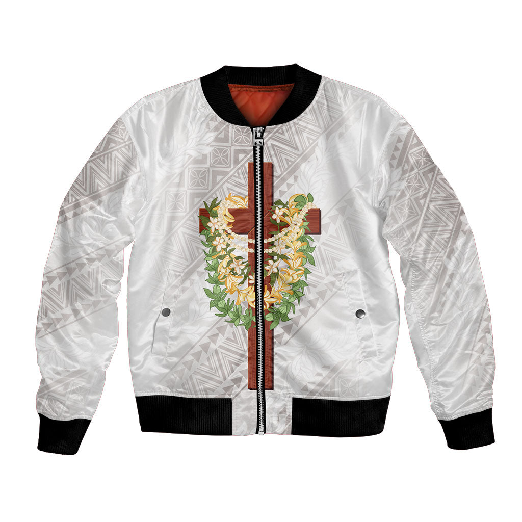 Hawaii ⁠Ka Pule a ka Haku Memorial Bomber Jacket Flower Lei Cross - Ivory White