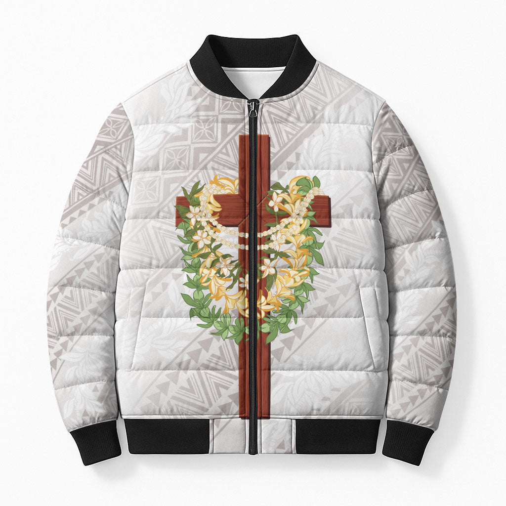 Hawaii ⁠Ka Pule a ka Haku Memorial Bomber Puffer Jacket Flower Lei Cross - Ivory White